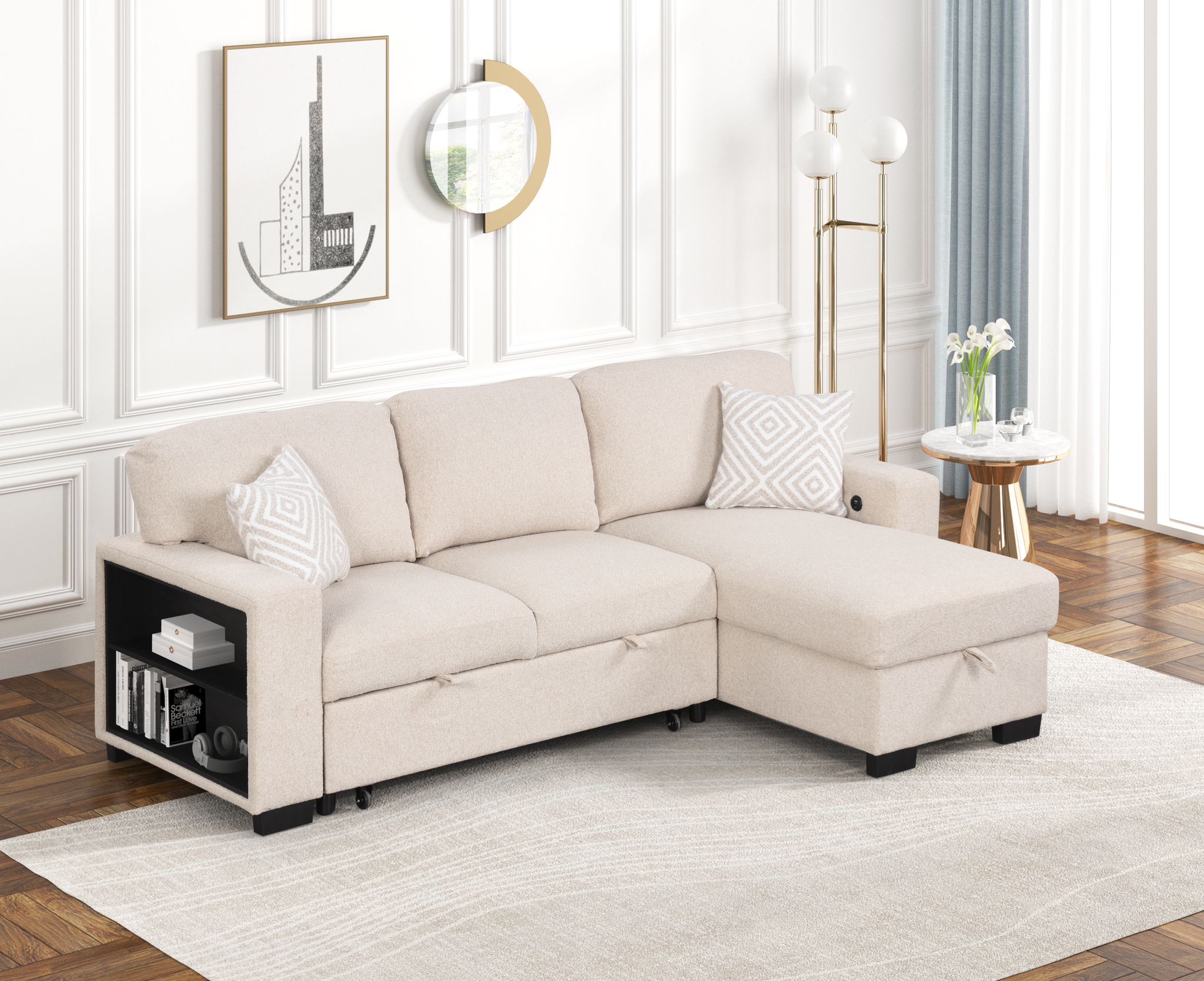 SOFA BED CHASE STORAGE AND USB CHARGEING PORTS SEC-0202 BEIGE